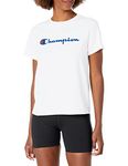 Champion Women's T-Shirt, Classic Cotton-Blend T-Shirt, Crewneck Tee, Jersey T-Shirt, Script Logo, White Script, Medium