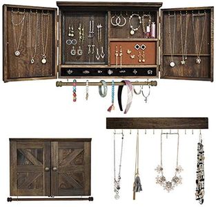 GLANT Rustic Wall Mounted Jewelry Organizer with Wooden Barndoor Decor,Wooden Wall Mount Holder,Jewelry holder for Necklaces, Earings, Bracelets, Ring Holder. Includes matching hook organizer (Rustic)