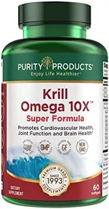 Purity Products Krill Omega-3 10x more EPA and DHA Super Formula Premium PhosphoBoost Krill Oil + Astaxanthin - Supports Joint Comfort + Flexibility - No Fish Burps LemonLock System - 60 SoftGels