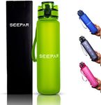 SEEPAR Water Bottle 1L with Time Markings- Blue Drink Bottle - US Tritan, Leak Proof Motivational Water Bottle with Removable Filter in 4 Eye Catching Colours (Green)