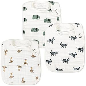 Snap Muslin Bibs for Boys & Girls, 3-Pack Baby Bibs for Infants, Newborns and Toddlers, 100% Cotton Muslin Absorbent & Soft Layers, Adjustable Snaps,"Animal Party"