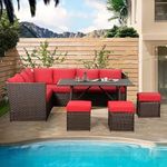 LOCCUS 6 Piece Outdoor Patio Conversation Set,Wicker Sectional Sofa Couch Dining Table Chair with Ottoman Porch Lawn Terrace(Black and White)