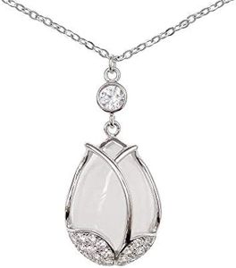 Hiqmic 925 Sterling Silver Flower Bud Opal Pendant Necklace White Gold Plated Jewelry Gifts for Women 16"-18"_WK99109_Silver