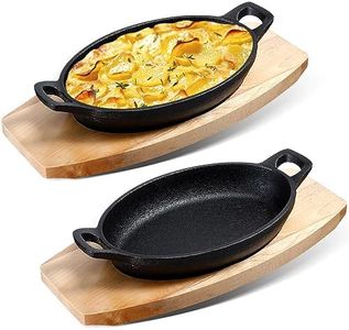 Mifoci 2 Sets Cast Iron Skillet with Wooden Base Mini Cast Iron Fajita Plates Cast Iron Baker's Skillet Matte Black Small Cast Iron Pan for Kitchen Restaurant Barbecue Dinner (8.7 x 4.7 x 1.6 Inches)