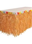 RINCO Luau Natural Color Grass Table Skirt Decoration with Tropical Flowers, 9' x 29"