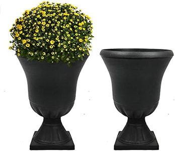 Worth Garden 2-Pack Plastic Urn Planters for Outdoor Plants, 22'' Black Tall Round Classic Resin Traditional Flower Pots - 15 in. Dia. Large Imitation Stone Decorative Pot Patio Deck Front Porch