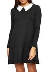 Re Tech UK Ladies Plain Peter Pan Collar Long Sleeve Swing Dress Midi Skater A-Line Flared Black, Black, 12 - 14 M/L