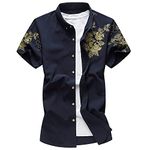 Men Casual Shirt Slim Fit Summer Breathable Short-Sleeved Men Shirt Basic Embroidery Trend Print Men Shirt Classic Modern Men Functional Shirt F-Navy2 3XL