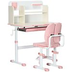 Qaba Kids Desk and Chair Set with Hand Crank, Height Adjustable Student Writing Desk & Chair with Adaptive Seat Back, Footrest, Bookshelf, Drawer, Pen Holder, Pink