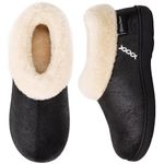 EverFoams Ladies' Micro Suede Memory Foam Slippers with Fluffy Faux Fur Collar and Indoor Outdoor Rubber Sole Black, Size 5-6 UK