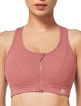 Yvette Zip Front Sports Bra - High Impact Sports Bras for Women Plus Size Workout Fitness Running, Rose Red, Large Plus