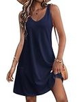 HOTOUCH Summer Sundresses for Women UK Loose Sleeveless V Neck Mini Ladies Dress with Pockets Causal Beach Dress Spaghetti Strap Blue-Violet M