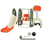 COSTWAY 6 in 1 Toddler Slide and Swing Set, Kids Climber Playset with Adjustable Basketball Hoop, Football Goal and Golf Hole, Children Activity Center for Indoor