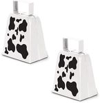 Beistle 2 Piece 4" Metal Cow Print Cowbells, Animal Theme Noisemakers For Football Games and Sporting Events, Celebrating With You Since 1900, White/Black