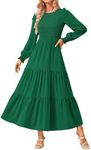 KIRUNDO Women Fall Wedding Guest Dress Long Sleeve Maxi Dress Casual Crew Neck Smocked Tiered A Line Flowy Long Dresses(Green, Small)