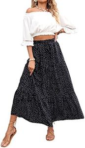 MEROKEETY Women's Boho Floral Print Elastic High Waist Pleated A Line Maxi Skirt with Pockets, DotBlack, Medium