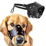 PSK PET MART Adjustable Strap Leather Muzzle with Breathable & DRINKABLE Holes Cum Mouth Cover Cum Pet Safety Collar for Dog, Puppy, Cat (Black) (L)