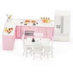 SAMCAMI Wooden Dollhouse Furniture Set - Miniature Dollhouse Furniture 1 12 Scale for Dollhouse Kitchen - Doll House Furniture Toys Incl Kitchen Cabinets, Dining Table, Refrigerator and Others (Pink)