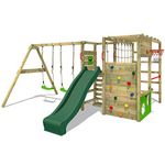 Fatmoose Wooden climbing frame ActionArena Air XXL with swing set & green slide, Outdoor kids playhouse with sandpit, climbing ladder & play-accessories for the garden