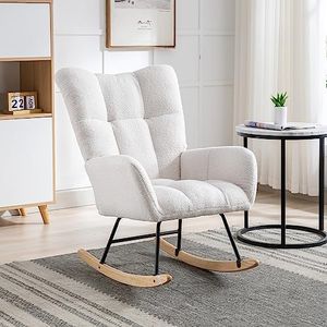 EUROSAKURA Nursery Rocking Chair,Modern Teddy Fabric Upholstered Glider Chair with High Backrest and Cushion for Living Room Bedroom