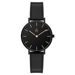 SK Ultra Thin Minialist Women Watches Simple Two Hands Ladies Dress Watch Leather Strap (Black)