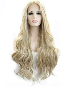 Parrucca sintetica resistente al calore con attaccatura frontale in pizzo, colore biondo naturale, capelli lunghi mossi, per cosplay, feste a tema drag queen, 66 cm
