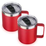 Volhoply 14oz Insulated Stainless Steel Coffee Mug with Lid Bulk 2 Pack,Double Wall Vacuum Travel Coffe Cup with Handle,Reusable Thermos Tumbler,Camping Mugs Keep Hot/Cold,Christmas Gifts(Red,2)