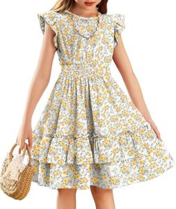 Arshiner Girls Dresses Flutter Sleeve A-Line Sundress Casual Summer Tiered Swing Midi Pocket Dress Yellow Floral for 9-10 Years