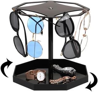 ZEAYEA Sunglasses Holder Stand with 360 Rotating, Acrylic Eyeglass Display Stand, Glasses Tabletop Organizer with Tray for Desk Dresser Storage and Home Decor, Black