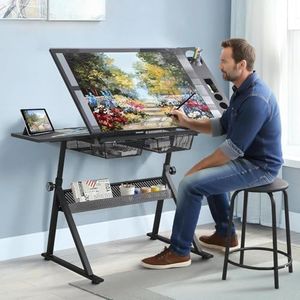 Roockky Drafting Table, 0-75° Tilting Glass Tabletop Drawing Table with Stool - Adjustable Height Art Desk with Multi-Storage for Sketching and Painting - Perfect for Artists and Hobbyists, Black