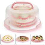 BTSKY Round Cake Carrier Cupcake Containers Cheesecake Keeper with Lid and Handle, 3-in-1 Cake Stand Cake Holder Holds 10 inch Cake or 11 Cupcakes, Deviled Egg Containers Cupcake Storage Holder, Pink