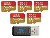 SanDisk Extreme 64GB (5 Pack) MicroSD Memory Card for DJI Mavic Mini 2, Mavic Mini, Mavic Air 2 Drone - C10 A2 V30 SDXC (SDSQXA2-064G-GN6MN) Bundle with (1) Everything But Stromboli Micro Card Reader