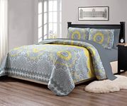 Mk Collection 7pc Queen Size Bedspread Quilt Over size 106" X 95" Yellow Coastal Plain" Grey Green" White Elegant Design With Matching 4pc Sheet Set # Oslo Yellow