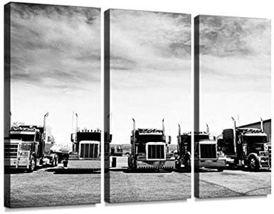 Trucks Convoy, California Black And White Print On Canvas Wall Artwork Modern Photography Home Decor Unique Pattern Stretched and Framed 3 piece