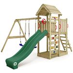 WICKEY Wooden climbing frame MultiFlyer with wooden roof, swing set & green slide, Outdoor kids playhouse with sandpit, climbing ladder & play-accessories for the garden