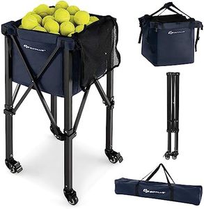 Goplus Foldable Tennis Ball Hoppers, Lightweight Aluminum Tennis Ball Basket with Wheels, Removable Bag, Side Pockets, Carry Bag, Portable Sports Teaching Cart Holds 150 Tennis Balls (Blue) …