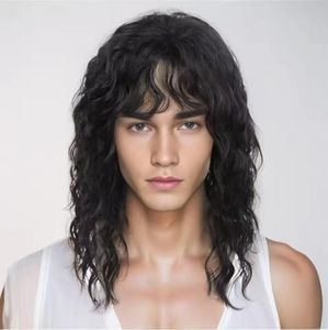 Daiaces Men's 80s Black Long Curly Wig With Bangs Mullet Rock Wigs Costume Male Wig Punk Heavy Metal Wig