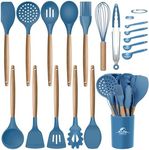 MIBOTE 17 Pcs Silicone Cooking Kitchen Utensils Set with Holder, Wooden Handles BPA Free Silicone Turner Tongs Spatula Spoon Kitchen Gadgets Utensil Set for Nonstick Cookware (Blue)