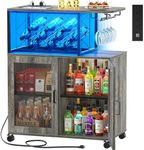 Girapow Small Bar Cart with Wheels, Wine Bar Cabinet with LED Light, Liquor Cabinet with Power Outlets, Home Mini Bar with Wine Rack, Glasses Storage for Kitchen, Dining Room, Living Room, Grey