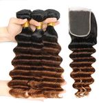 YanT HAIR 8A Grade Peruvian Virgin Hair Deep Wave Human Hair Weave Bundles Ombre Colors (10 12 14+10“ Free Part 4 * 4 Lace Closure, T1b/4/30)