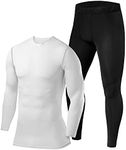 PowerLayer Boys' Performance Base Layer Thermal Long Sleeve Top & Tights Compression Set - White Top + Black Tights, 10-12 Years (Boys Large)