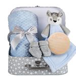 Hoolaroo Baby Blanket New Baby Boy Gifts Newborn Baby Box Fleece Blanket, Blue Deer Fawn Comforter, Knit Booties, Baby Hamper Suitcase Blue Gifts for Baby Gifts Present Boys