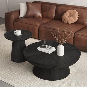 FHKJ Round Nesting Coffee Table Set of 2 – 35.43" + 19.69" Modern Black Wood Coffee & Side Tables, Pedestal Living Room Table for Small Space, Fully Assembled