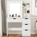 Fashionwu Makeup Vanity with Drawers, White Vanity Desk with Mirror and Lights in 3 Colors, Vanity Table with 12 Lights, Charging Station, Storage Shelves and Cabinet Drawer Chest Dressing Table