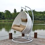 Hindoro Rattan Wicker Wrought Iron Two Seater Swing Chair with Powder Coated Stand & Cushion & Hook || Double Hammock Swing For Adults & Kids || Outdoor || Indoor || Balcony || Garden || Patio || Backyard || Porch || Yard || Terrace || Living Room Furniture (King, White with Beige)