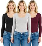 Emmalise Women's Junior and Plus Size Basic Scoop Neck Tshirt Long Sleeve Tee, 3XL, 3Pk Black, Oatmeal, Burgundy