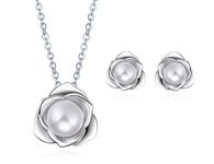 "Lovely Rose" High Polished 925 Sterling Silver Earrings with 7-8mm Natural Freshwater Pearl (Jewels Set)