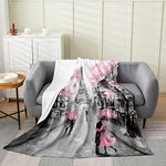 Paris Eiffel Tower Theme Blanket 50x60,Watercolor Cherry Blossoms Throw Blanket Lightweight,Retro Paris Fleece Blanket for Girls Women,Valentine's Day Roamntic Flannel Blanket Ultra Warm Soft