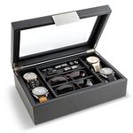 Glenor Co Valet Jewelry Box for Men - Holds 4 Watches, 12 cufflinks, 2 Sunglasses & Tray Storage - Mens Watch Case - CarbonFiber Organizer w Metal Accents, PU Leather & Large Glass Lid - Black