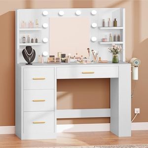 DWVO Vanity Desk with Mirror and Lights, 40in Makeup Vanity Table with Power Outlet, 4 Drawers & Storage Shelves, 3 Lighting Color Adjustable, White Dressing Desk for Bedroom